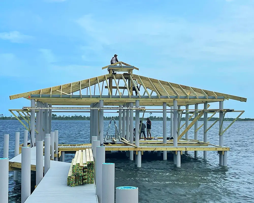 Overall Marine Services building a custom dock with a pavilion in Naples, Florida.