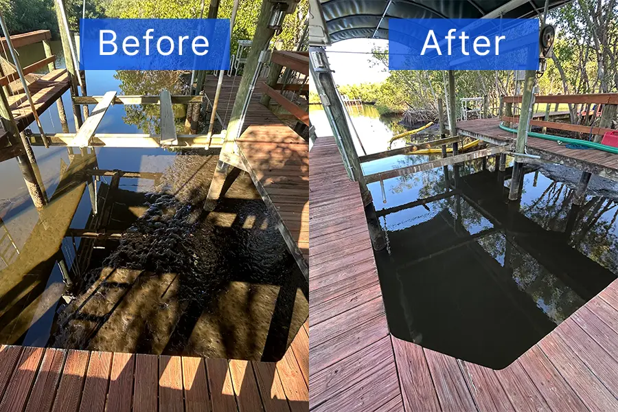 Understanding suction dredging: featuring before and after photos to illustrate. In the "before" photo, a large build-up of sediment underneath a residential boat dock is raised above the surface of the water, making the boat lift inaccessible. In the "after" photo, the sediment has been removed via suction dredging, and the water level is clear. 