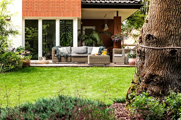 Backyard and patio of a house, with a lawn that gently descends away from the house.