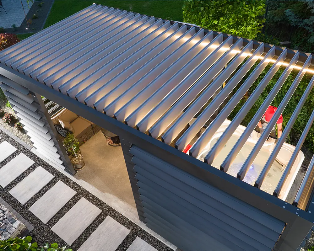 Get the most out of your outdoor space this season in Southwest Florida. Featuring a louvered pergola over a hot tub.