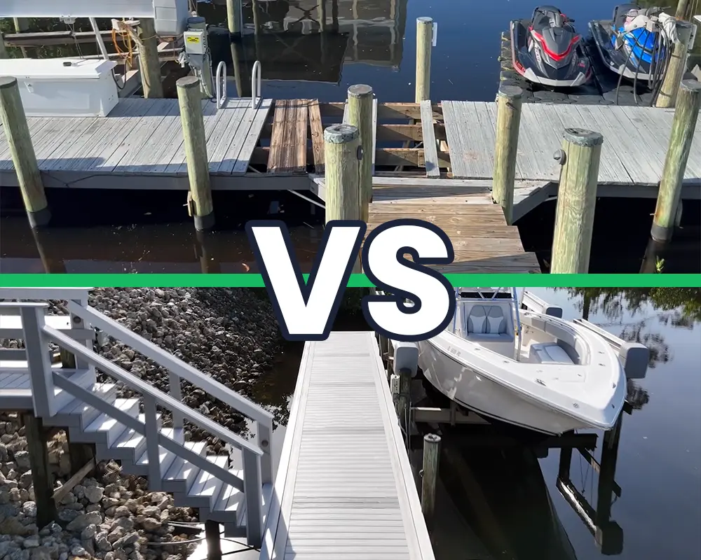 Dock and Decking Materials: Performance vs. Price. Featuring a side-by-side photo comparison of a dock built with wood vs. a dock built with composite material.
